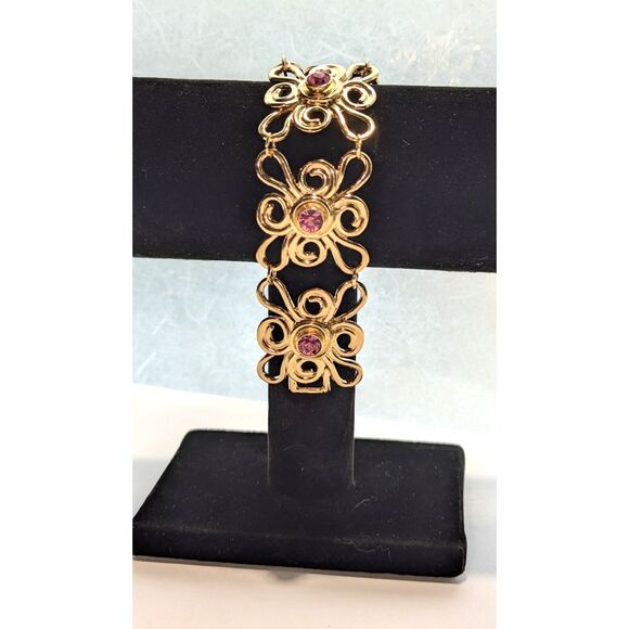Abstract Gold Tone Flower Bracelet with Pink Center Stone Avon - Picture 1 of 11